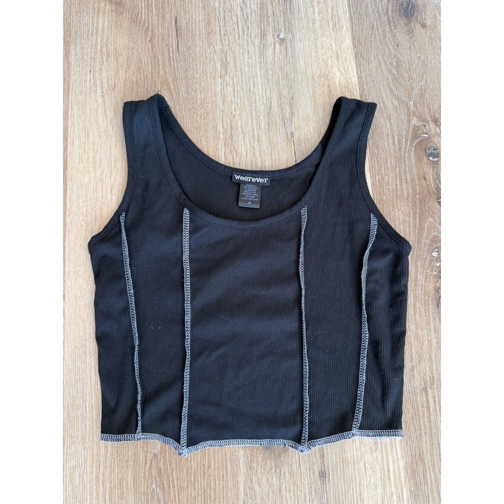 Y2K Goth Grunge Festival Edgy Exposed Seam Ribbed Crop Tank Top M Black Stitch